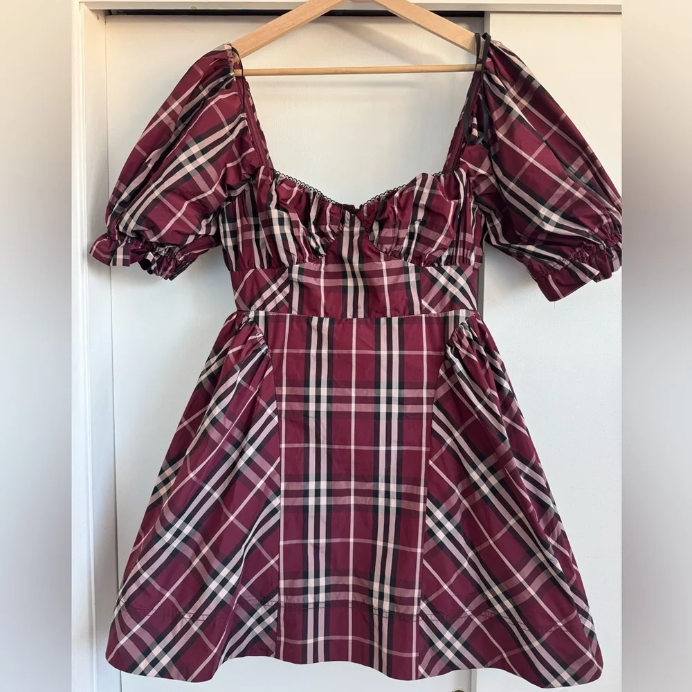 Anthropologie Maeve Plaid Maroon Tartan Burgundy Mini Puff Sleeve Dress Size S - Picture 8 of 15